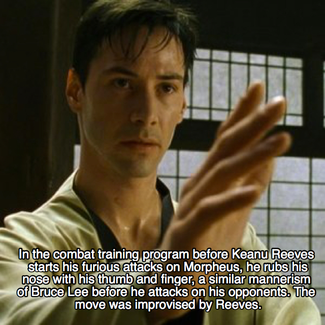 can i know kung fu - In the combat training program before Keanu Reeves starts his furious attacks on Morpheus, he rubs his nose with his thumb and finger, a similar mannerism of Bruce Lee before he attacks on his opponents. The move was improvised by Ree