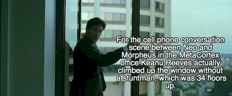 window - For the cell phone conversation scene between Neo and Morpheus in the MetaCortex office Keanu Reeves actually climbed up the window without a stuntman, which was 34 floors up.