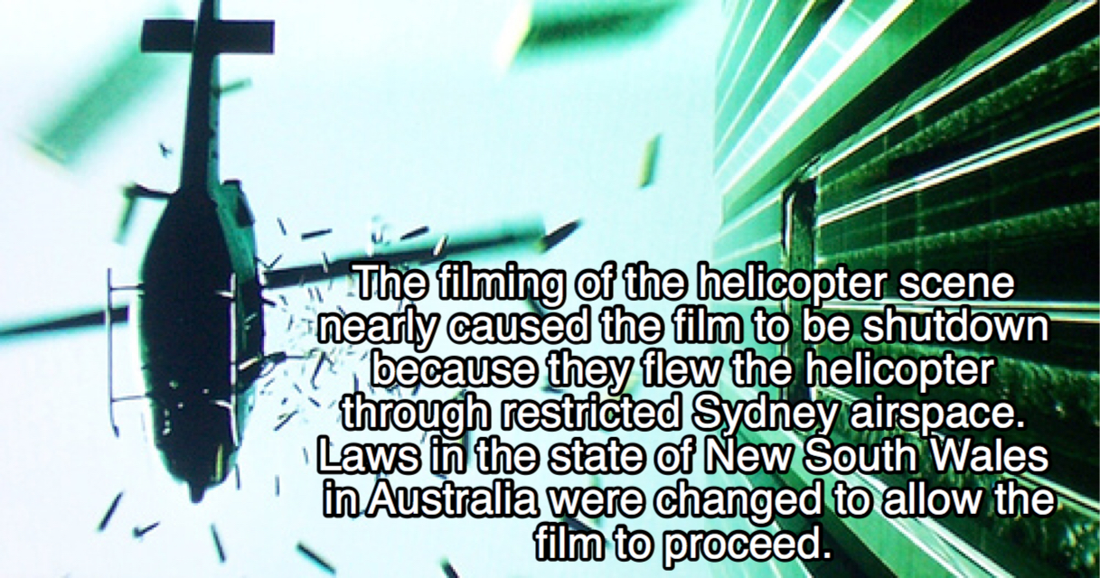 love something set it free - The filming of the helicopter scene nearly caused the film to be shutdown because they flew the helicopter through restricted Sydney airspace. Laws in the state of New South Wales ! in Australia were changed to allow the film 
