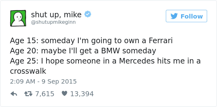 shut up, mike Age 15 someday I'm going to own a Ferrari Age 20 maybe I'll get a Bmw someday Age 25 1 hope someone in a Mercedes hits me in a crosswalk 7 7,615 13,394