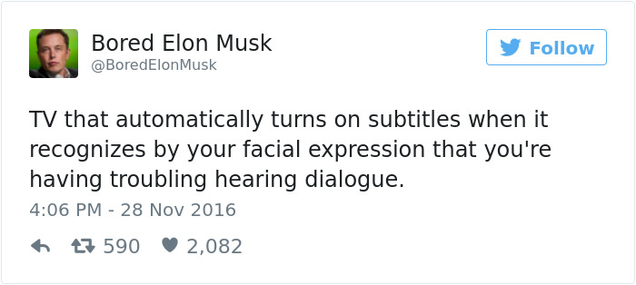 memes - tweets about pregnancy - Bored Elon Musk y Musk Tv that automatically turns on subtitles when it recognizes by your facial expression that you're having troubling hearing dialogue. 47 590 2,082