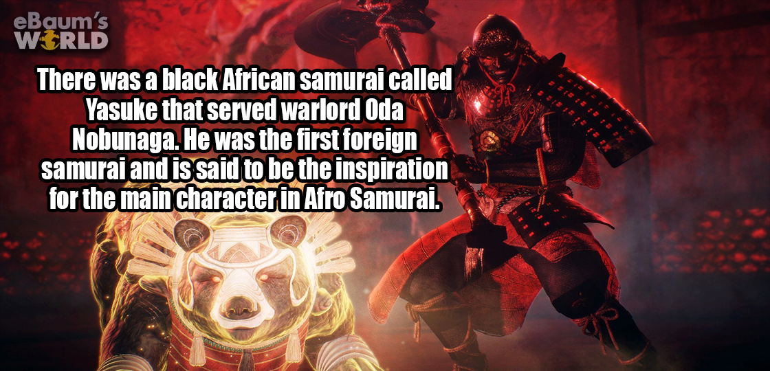 obsidian samurai - eBaum's World There was a black African Samurai called Yasuke that served warlord Oda Nobunaga. He was the first foreign samurai and is said to be the inspiration for the main character in Afro Samurai.