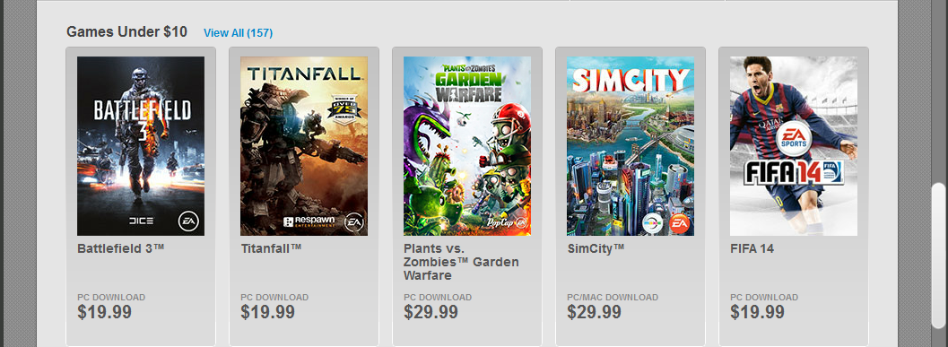 Games Under $10 View All 157 Titanfall Simcity Battlefield Fifa 145 3. A Reco Battlefield 3 Titanfall SimCity Fifa 14 Plants vs. Zombies Garden Warfare Po Download $29.99 Doo To $19.99 Pc Download $19.99 $29.99 Pc Download $19.99