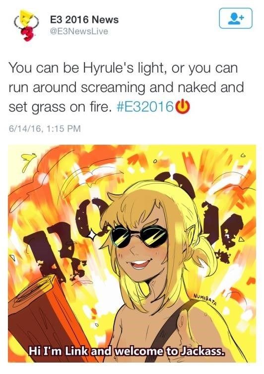 hi i m link and welcome to jackass - E3 2016 News You can be Hyrule's light, or you can run around screaming and naked and set grass on fire. 61416, Hi I'm Link and welcome to Jackass.