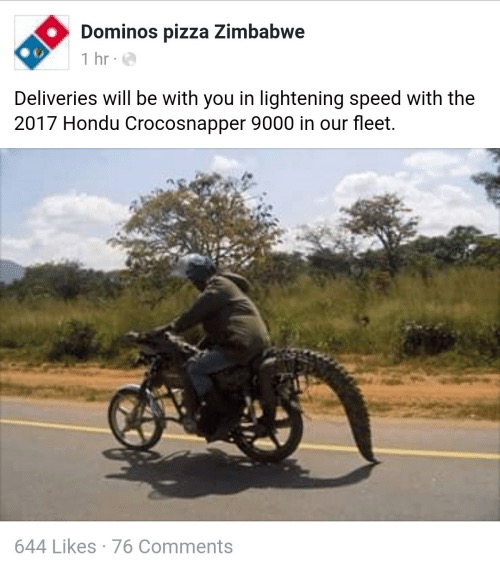 dominos zimbabwe - Dominos pizza Zimbabwe 1 hr. Deliveries will be with you in lightening speed with the 2017 Hondu Crocosnapper 9000 in our fleet. 644 . 76