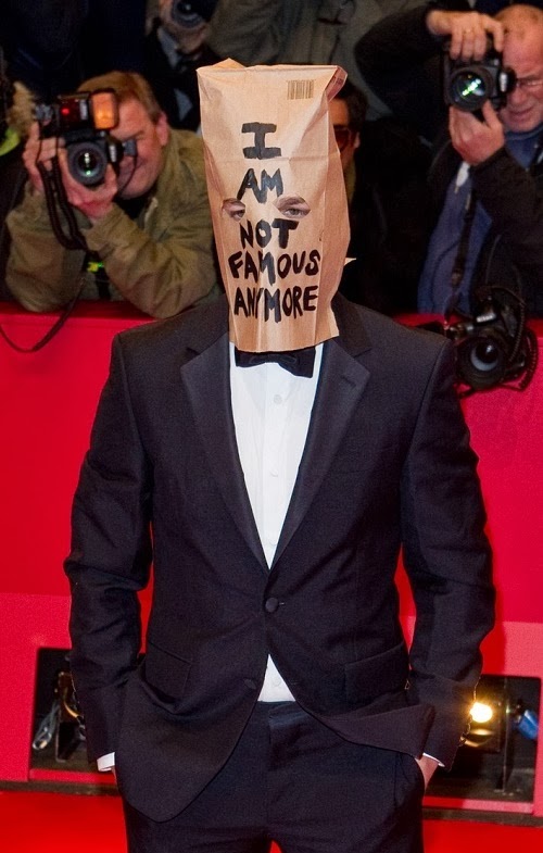 Shia LaBeouf wearing a paper bag over his head when he attended the Nymphomaniac premier in Berlin in 2014.