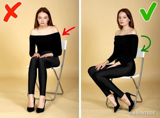 When you sit with your legs facing the camera, your silhouette looks bulky and box-like.