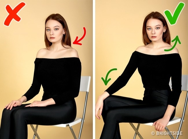 If you turn your torso away from the camera too much your shoulders will appear round and narrow, while your waist will seem wide.