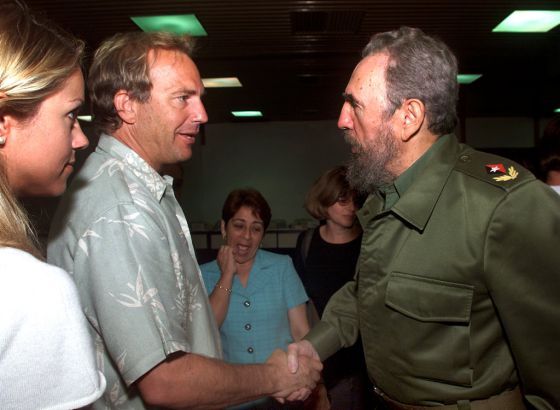 Kevin Costner meeting with the dictator of Cuba Fidel Castro in 2001. He was not there on a humanitarian mission, or some political reason. He met Castro to convince him to watch his movie based on the Cuban Missile Crisis called Thirteen Days. Costner met with a number of world leaders that year just for that very reason.