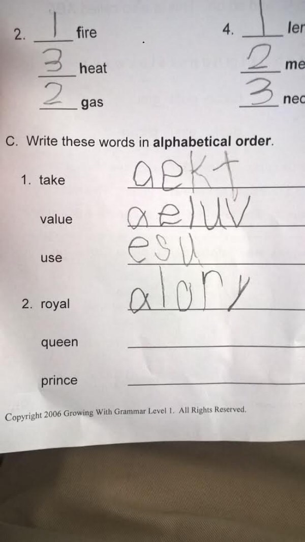 Very cute homework solution to putting words in alphabetical order.