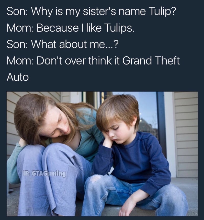 dad in jail memes - Son Why is my sister's name Tulip? Mom Because I Tulips. Son What about me...? Mom Don't over think it Grand Theft Auto iF GTAGaming