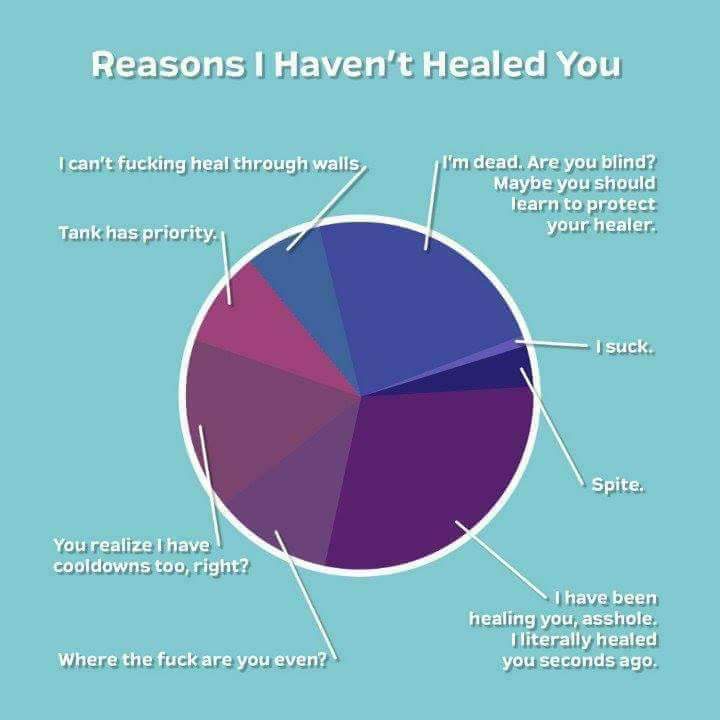 reasons i haven t healed you chart - Reasons I Haven't Healed You I can't fucking heal through walls, I'm dead. Are you blind? Maybe you should learn to protect your healer. Tank has priority. I suck. Spite. You realize I have cooldowns too, right? I have