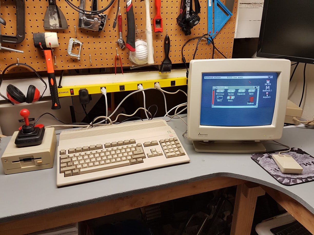 "All set! Here is Kickstart 1.3 machine (with repaired A501 board) all hooked up on my workbench. Awesome! AMIGA FOREVER!"