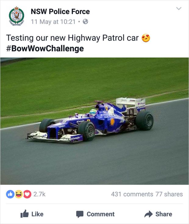 Australian police tweet joking that they have a new patrol car, with pic of formula 1