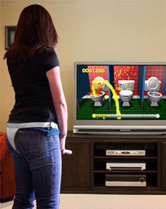 Girl using a wii to feel like she is peeing in the game.