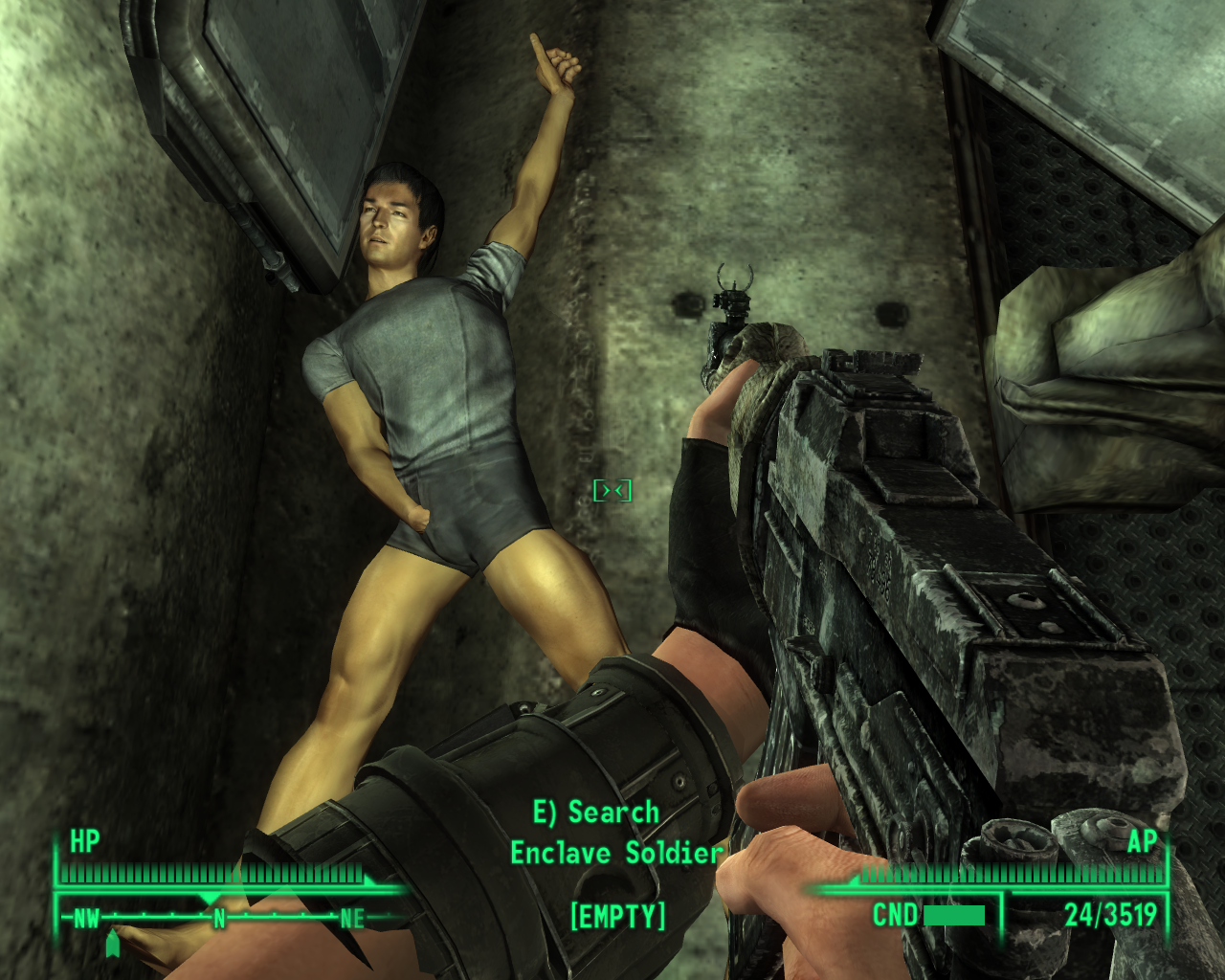 Strange dead body in a video game that looks like he is dancing and grabbing his crotch.
