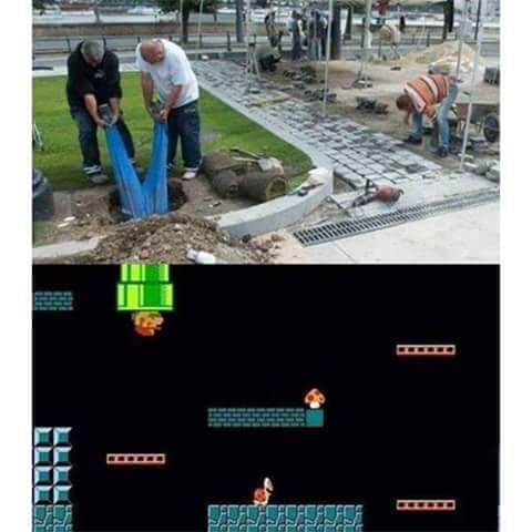 Picture of people putting someone into a manhole cover, and Mario Bros on the bottom of the image.