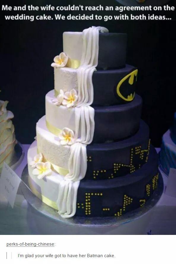 half batman wedding cake - Me and the wife couldn't reach an agreement on the wedding cake. We decided to go with both ideas... perksofbeingchinese | I'm glad your wife got to have her Batman cake.