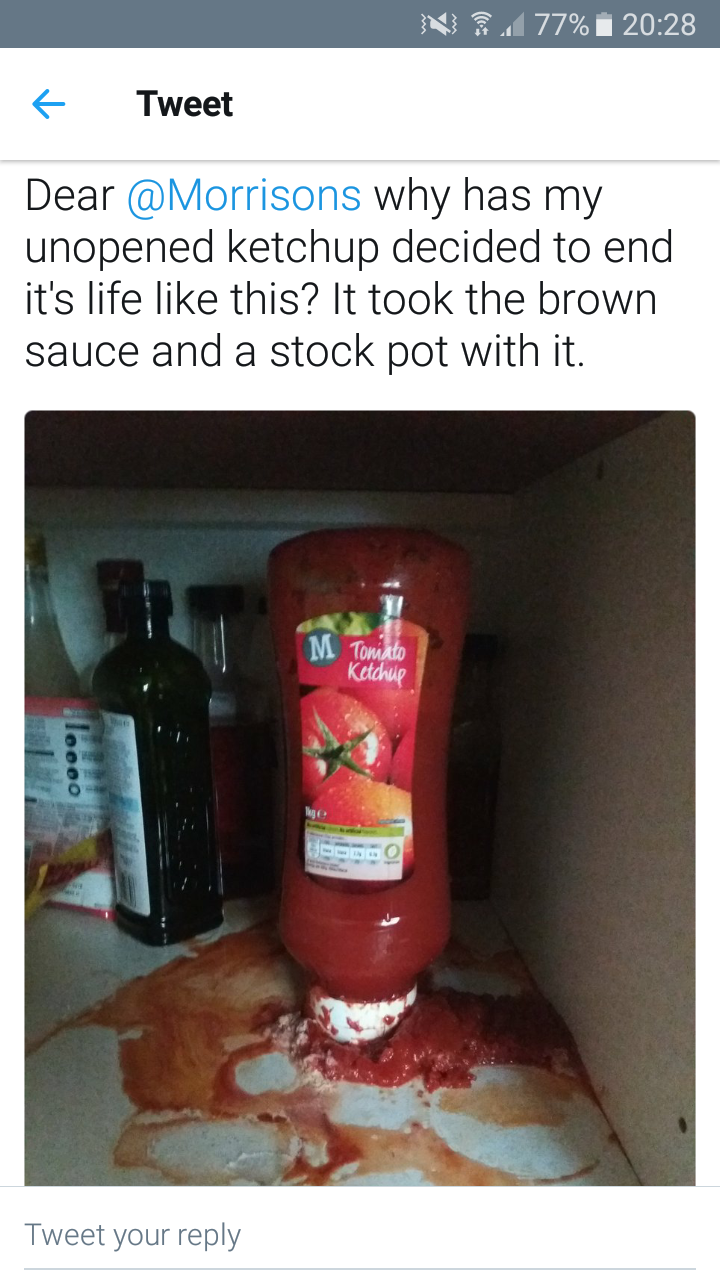 Man complains to Morrison's about a ketchup bottle that ended its life.