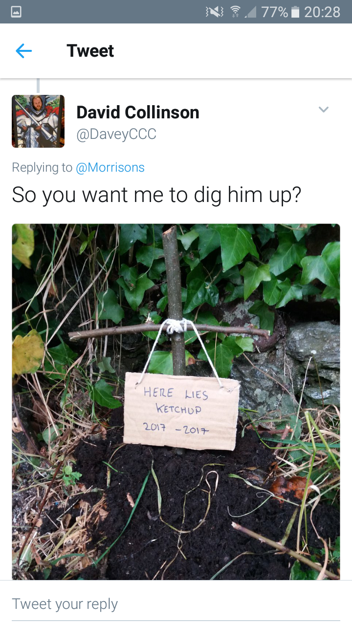 The man places a final resting plot for that ketchup bottle, asking Morrison's on Twitter if he should dig it up to get the bar code.