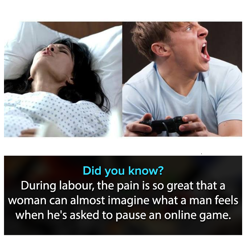 during labour the pain is so great - Did you know? During labour, the pain is so great that a woman can almost imagine what a man feels when he's asked to pause an online game.
