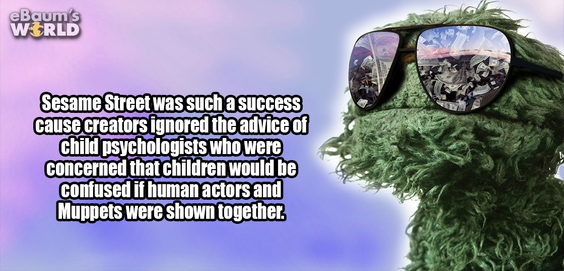 Oscar the Grouch wearing sunglasses and a fun fact about Sesame Street and how it was almost didn't get produced because child psychologists had concerns about confusing the kids by having human actors and puppets shown together.