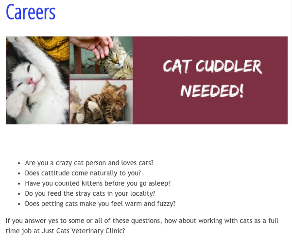 Just Cats veterinary clinic in Clonsilla, Dublin, is looking for a "crazy cat person" who "loves cats". Among other requirements includes "cattitude" — whatever that means. The ideal candidate will have a track record of feeding stray cats in your locality and they'll feel "warm and fuzzy" when they pet cats.