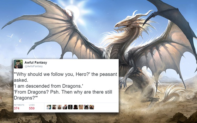 Tweet meme about how fantasy games have characters that claim to be descended from dragons, yet why are there still dragon's around.