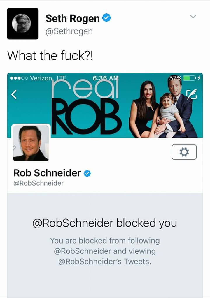 Tweet of WTF by Seth Rogan regarding Rob Schneider blocking him on twitter.