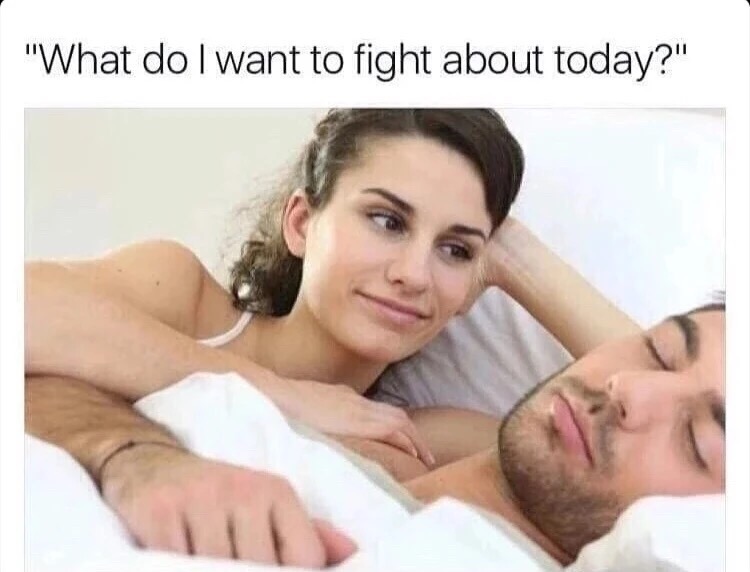 Meme of woman staring at sleeping man and thinking about what she wants to fight about today.