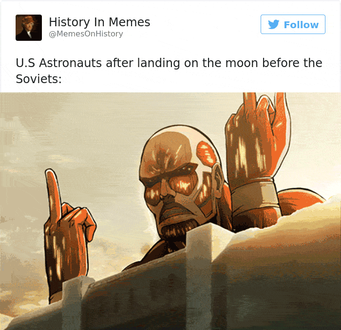 Tweet of GIF of dude giving middle fingers and he goes back behind the wall captioned as how US Astronauts felt after landing on the moon before Soviets.