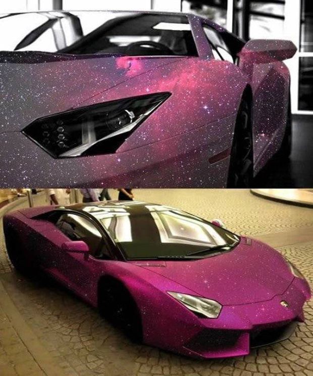 Awesome pictures of a purple Lamborghini that has a pattern like the stars in the sky at night.