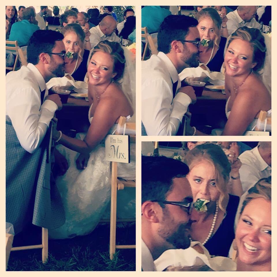 Funny picture from a wedding in which the newly wed couple is being all lovey-dove and a woman on the other side of the table if shoveling food into her mouth.