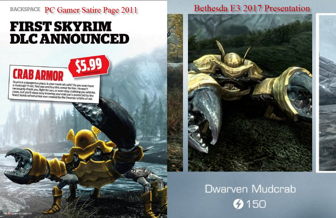 creation club skyrim - Bethesda E3 2017 Presentation Backspace Pc Gamer Satire Page 2011 First Skyrim Dlc Announced 55.99 Crab Armor Skyrim is a dangerous place. Is your mudcrab safe? Do you even have a mudcrab? If not, find one and buy this armor for him