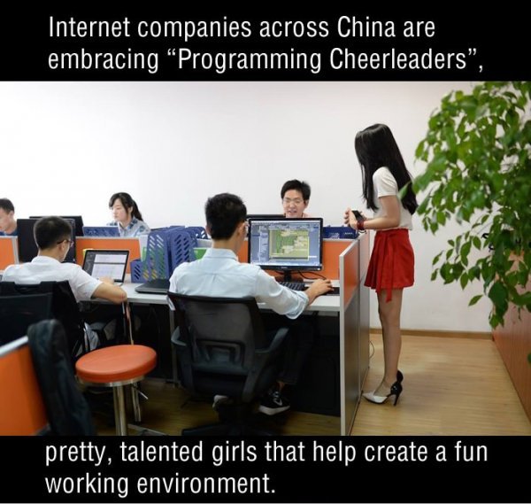 Internet companies across china are embracing Programming cheerleaders which are pretty, talented girls that help create a fun working environment.