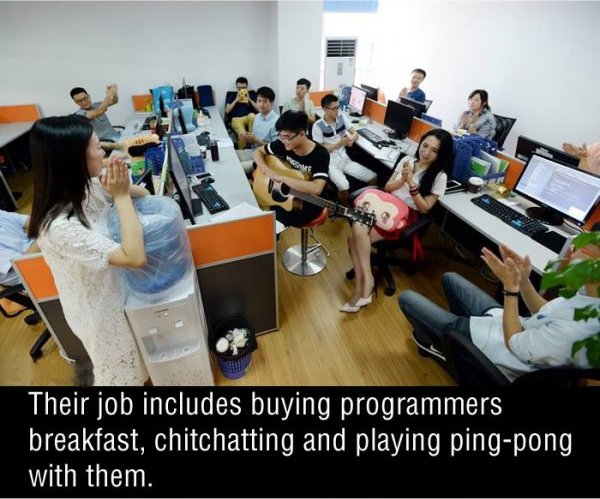 These programming cheerleaders jobs include buying the programmers breakfast, chitchatting and playing ping pong with them.