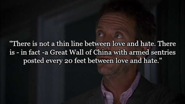 most sarcastic quotes - "There is not a thin line between love and hate. There is in fact a Great Wall of China with armed sentries posted every 20 feet between love and hate."
