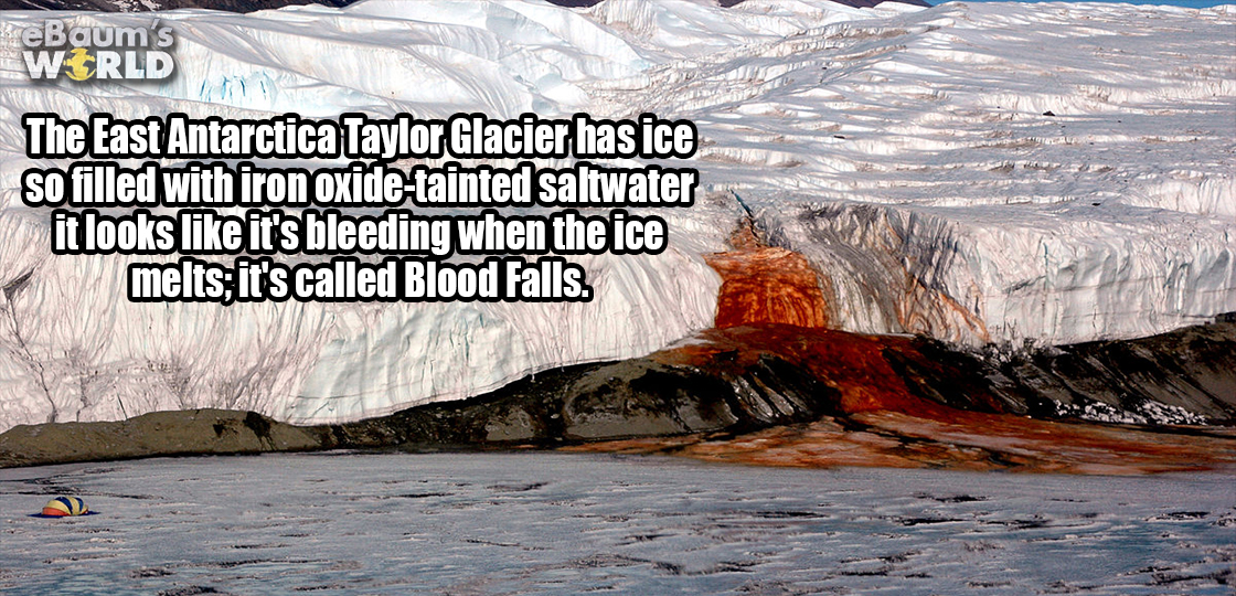 Fact meme about East Antarctica Taylor Glacier that looks like it is bleeding because of the oxide saltwater in the ice.
