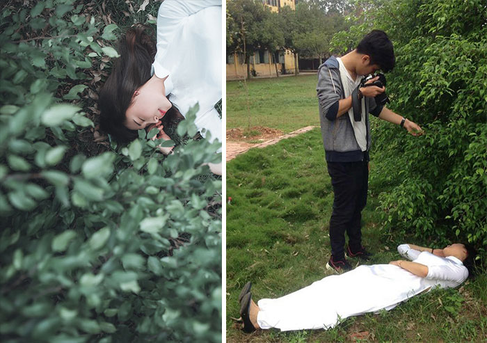 Girl sleeping in the fields is actually just some girl lying down in a park by some bushes
