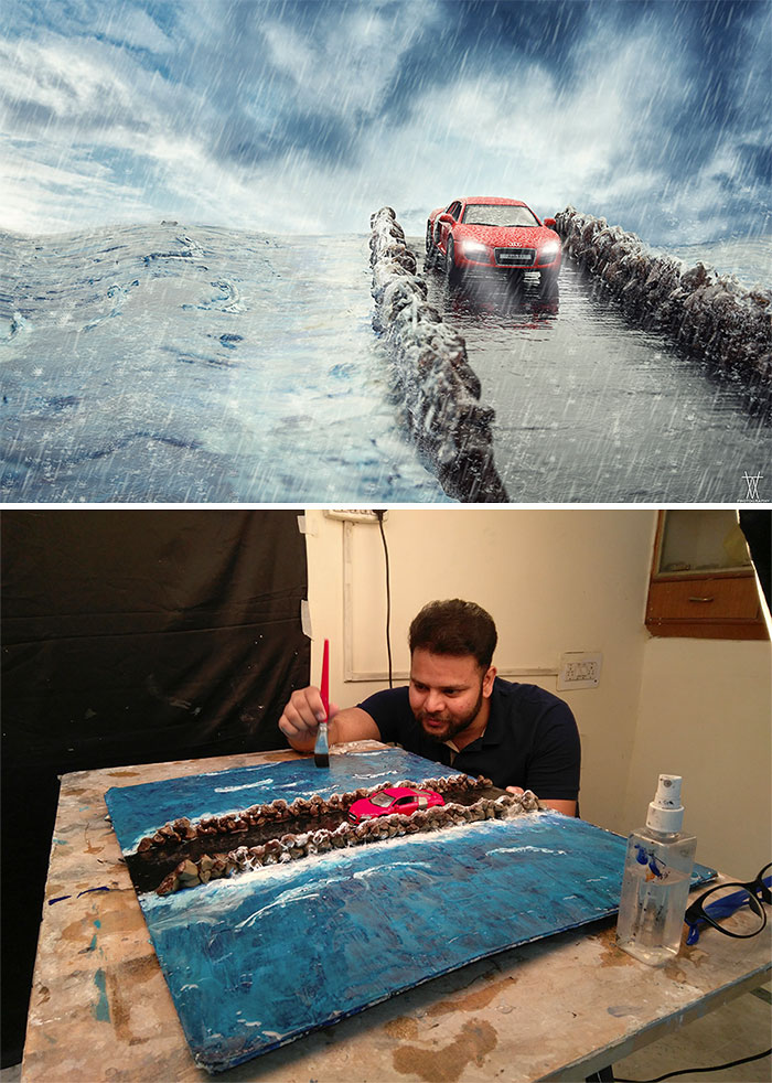 Awe pic of a car crossing the red sea is just a miniature model in a studio.