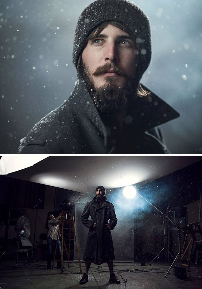 cool pic of a dude in a snow storm, is actually taken in a studio.