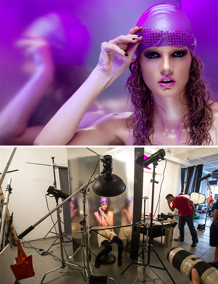 Futuristic looking girl with purple swimming cap is actually just a woman in a studio with lights and paper backgrounds.