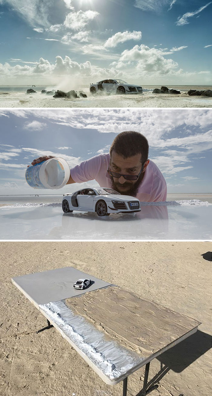 Amazing picture of an Audi on the beach and how the pic was taken and it is a small model car.