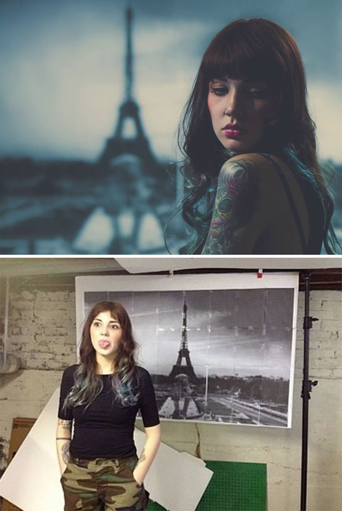 How picture of Girl in Paris is just a woman standing in front of a picture of the Eiffel Tower.