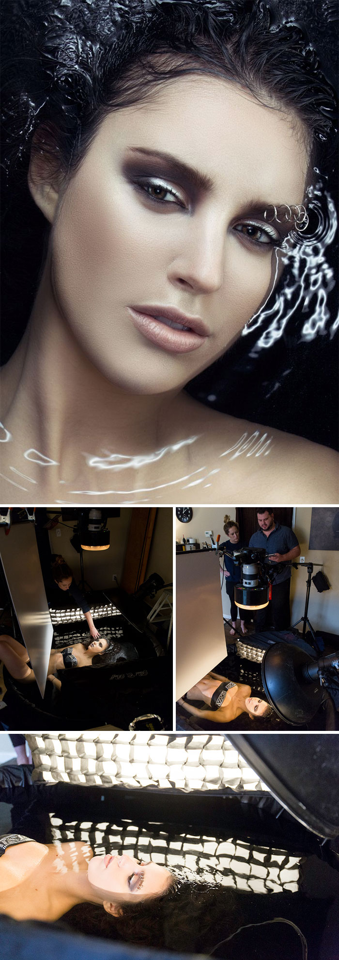 Picture of girl with makeup and eyebrow rings emerging from the water and a pic of how the studio was set up to take the picture.