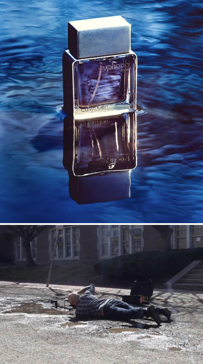 Amazing picture of a perfume bottle was actually taken in a puddle with photographer lying down on the ground.