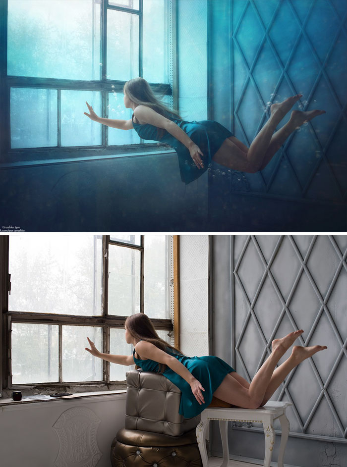 Picture of a girl floating thru an underwater house and how the original pic looks in which she was resting atop a bunch of furniture which was photo shopped out of the image later.