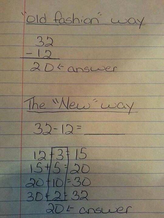 Kids notes on how to do math the old fashioned way as opposed to the new way.