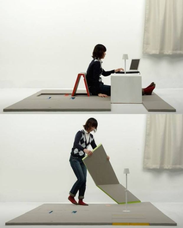 A transforming tatami. It’s a tradition in Japan to do everything on the floor: eat, sleep, watch movies. That’s why they designed a mat that you can transform into a laptop holder and a lot more.