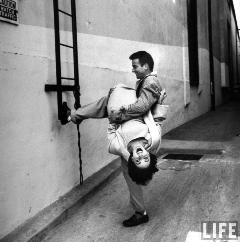 17 Year Old Elizabeth Taylor and Montgomery Clift goof off between scenes for a Life Magazine shoot for their film A Place in the Sun in 1949. The film would be released 2 years later. For a while, the 2 claimed to be the best of friends, and were together quite often.